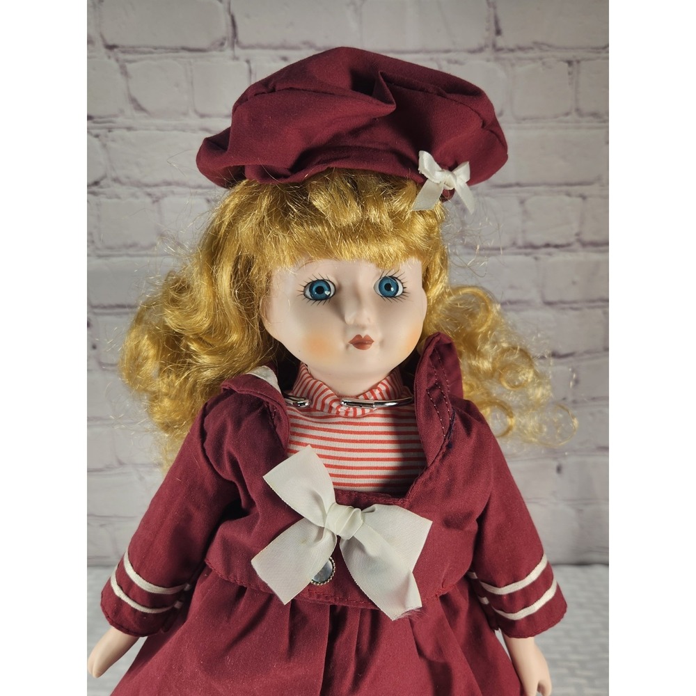 Beautiful Vintage Porcelain Doll Cloth Body Blonde Hair & Blue Eyes Red Dress